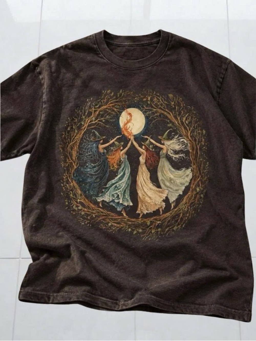 Vintage Brown Short Sleeve Tee with Four Witches Moon Dance Graphic
